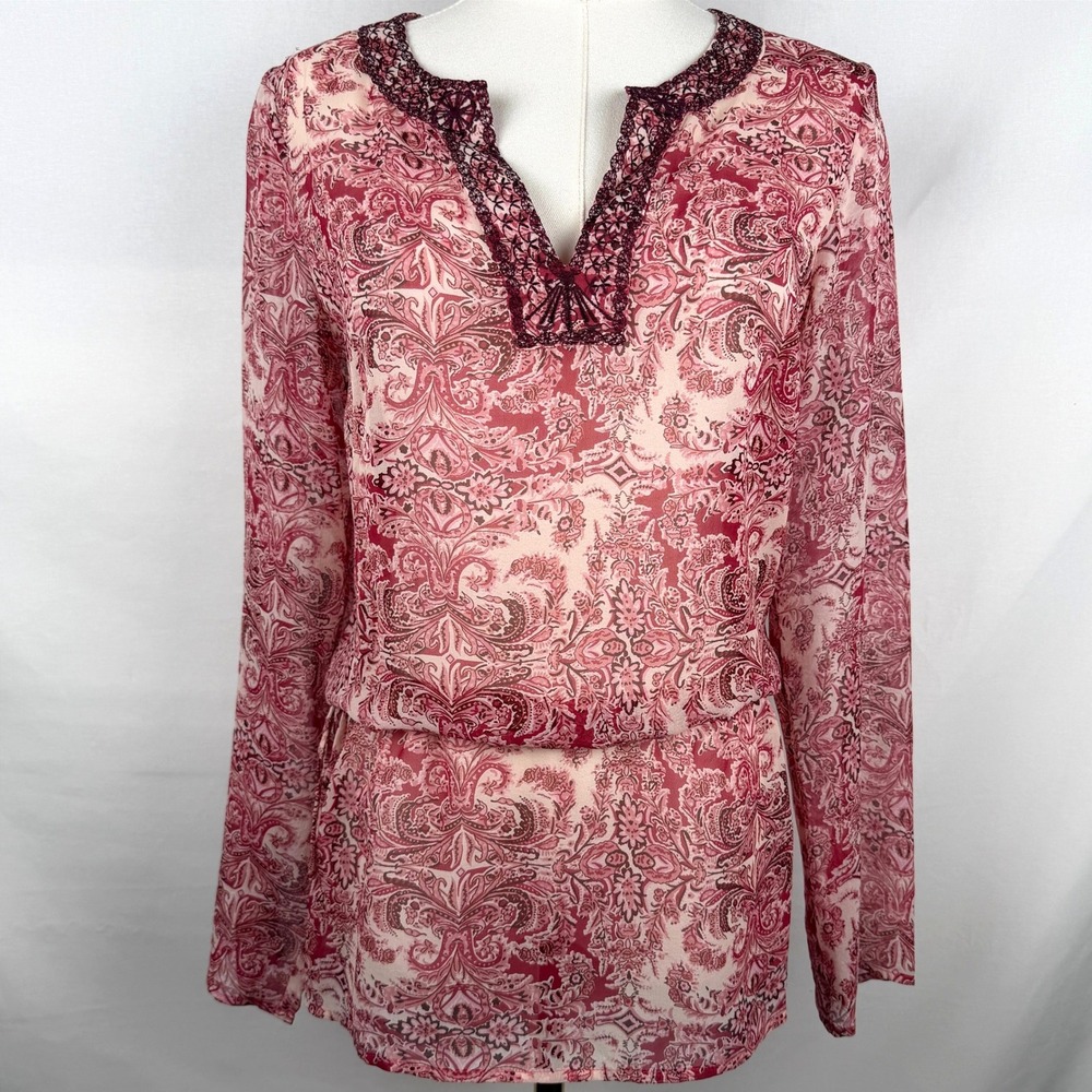 La Boutique Y2K Paisley Silk Tunic Blouse Boho Gypsy Ethereal Sheer Size 4/Small